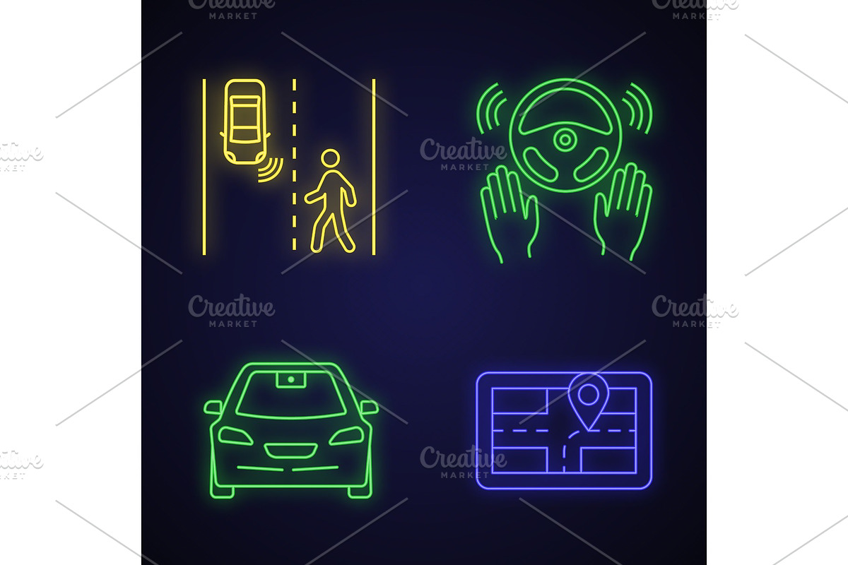 Autonomous car neon light icons set in Icons - product preview 8