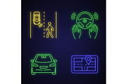 Autonomous car neon light icons set