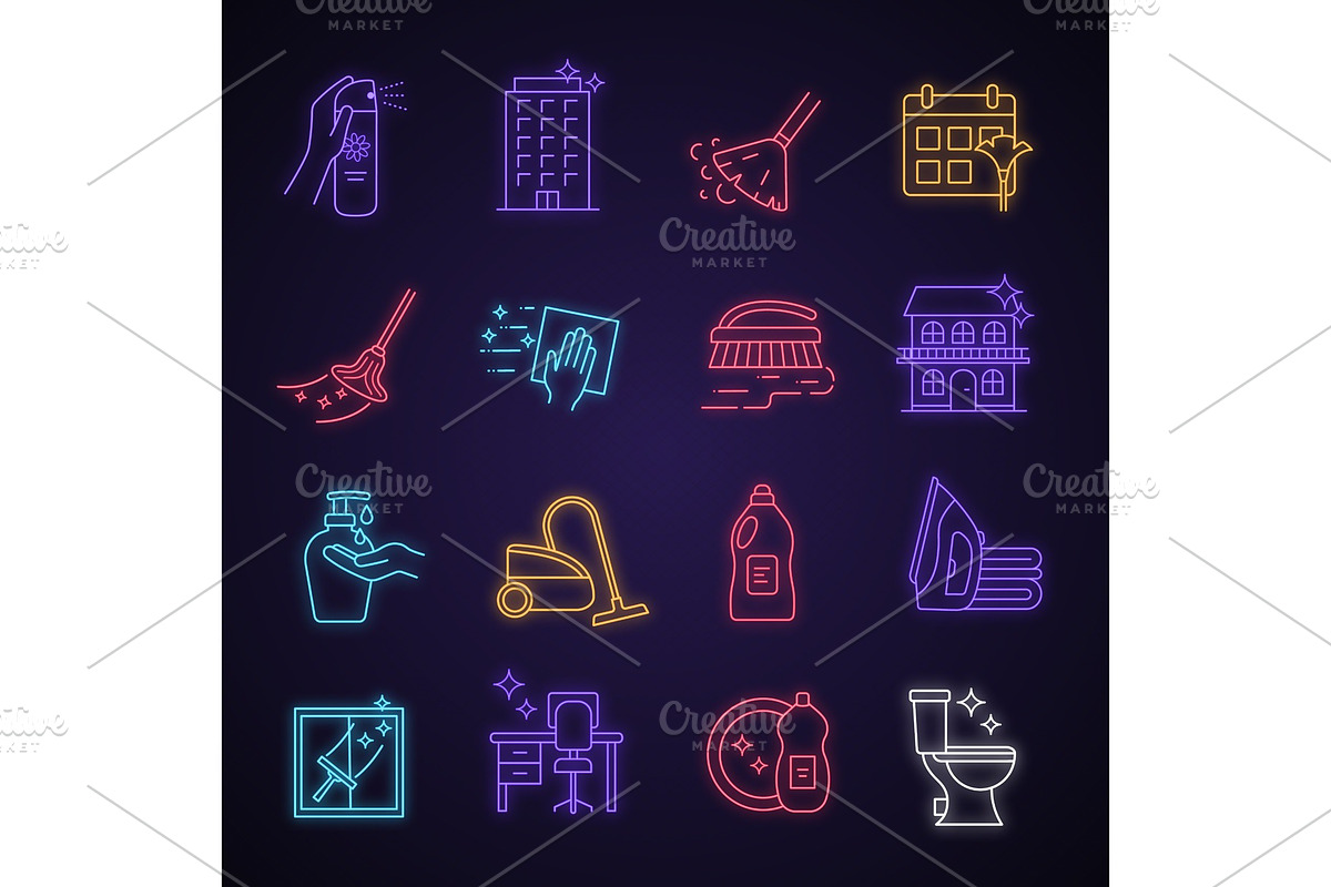 Cleaning service neon light icons in Icons - product preview 8