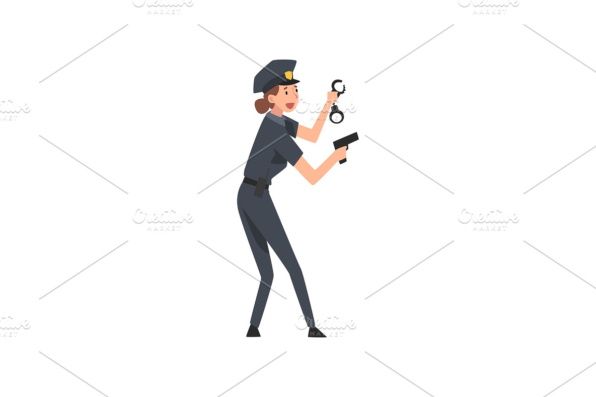 Police Woman with Gun and Handcuffs in Illustrations - product preview 8