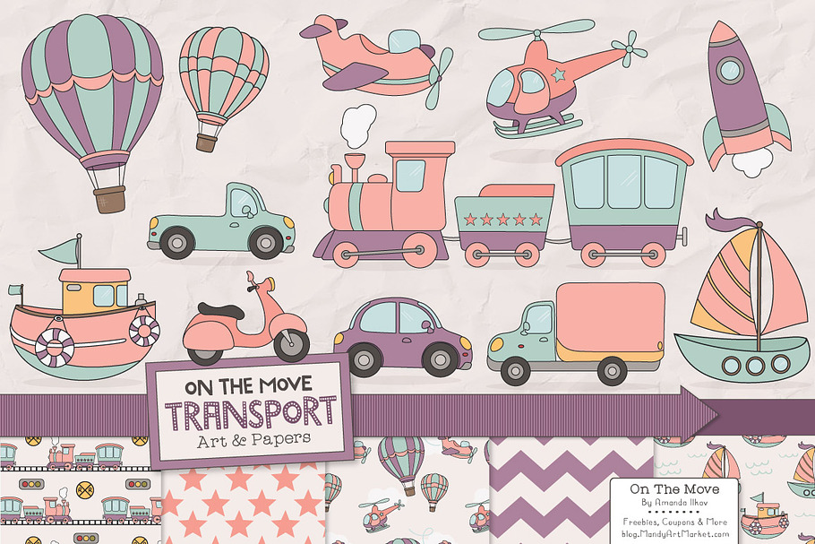 Girls Transporation Clipart Set in Illustrations - product preview 8