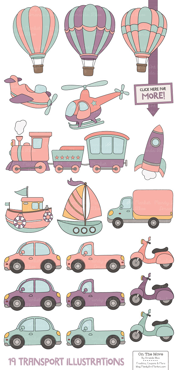 Girls Transporation Clipart Set in Illustrations - product preview 1