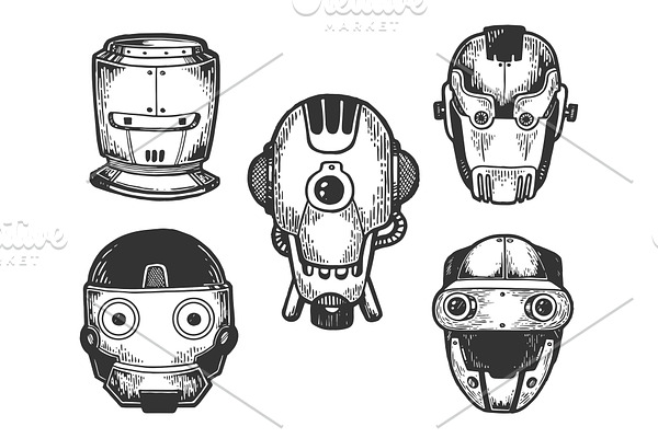 Cyborg robot heads set sketch