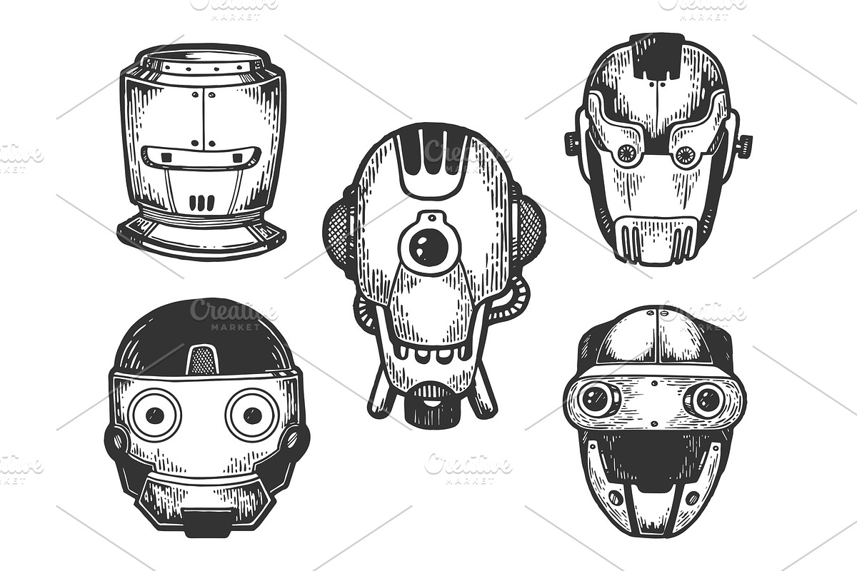 Cyborg robot heads set sketch in Illustrations - product preview 8