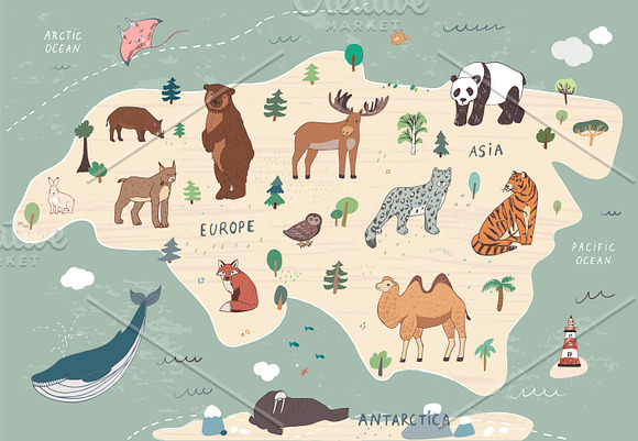 Animals World Map in Illustrations - product preview 2