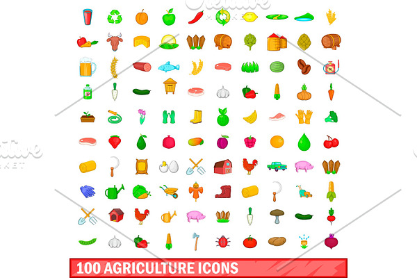 100 agriculture icons set, cartoon