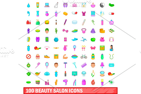 100 beauty salon icons set, cartoon