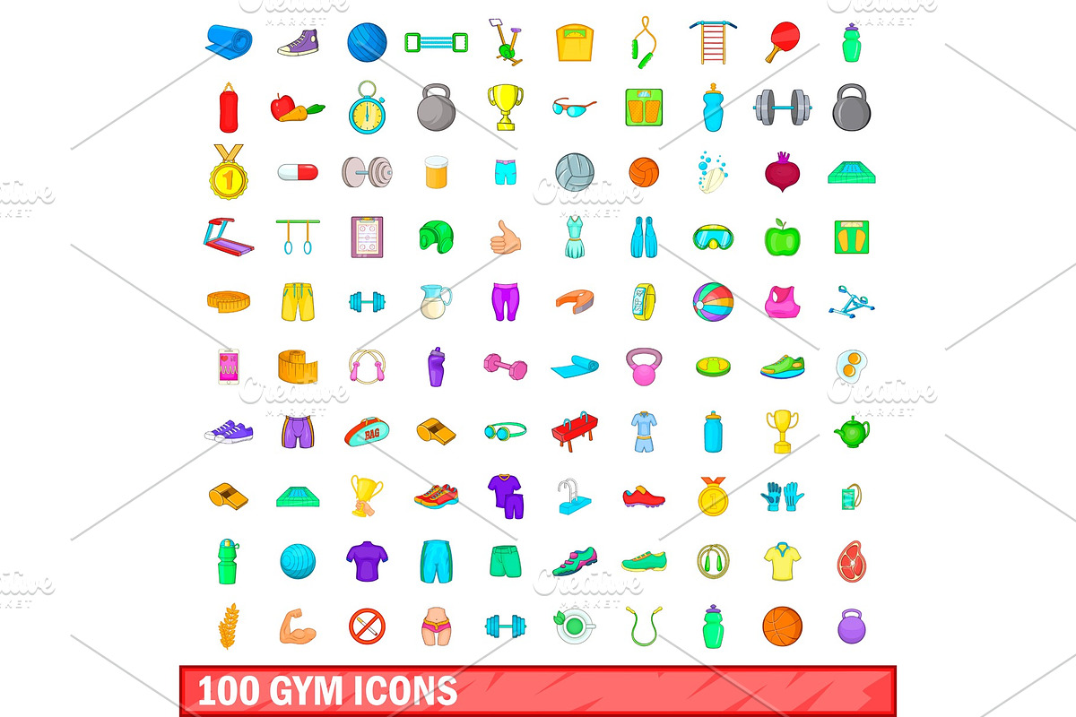 100 gym icons set, cartoon style in Objects - product preview 8
