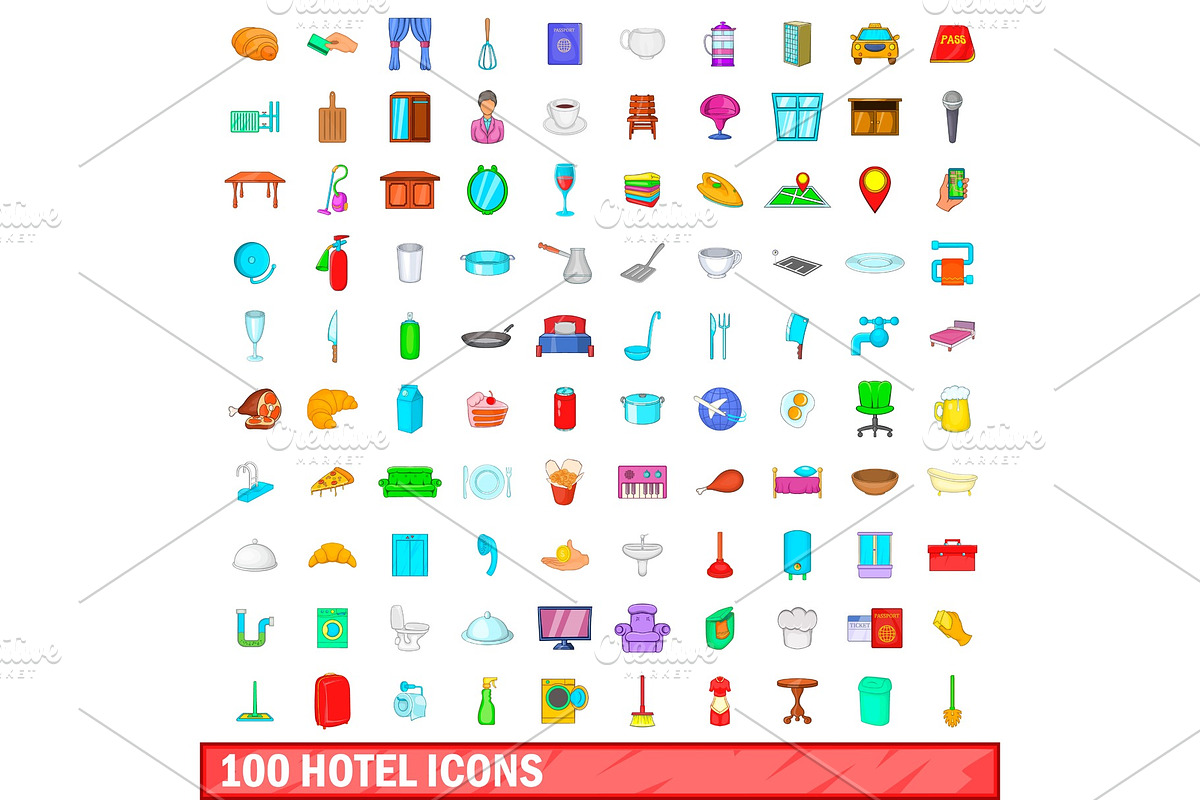 100 hotel icons set, cartoon style in Objects - product preview 8