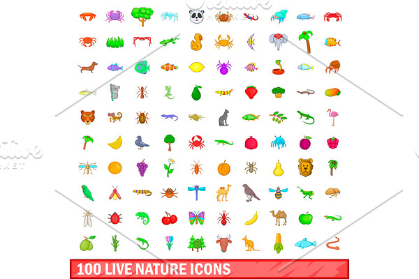 100 live nature icons set, cartoon