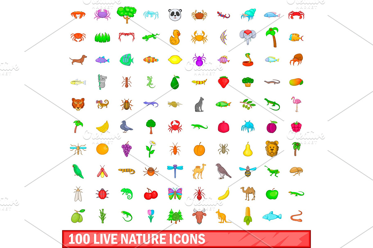 100 live nature icons set, cartoon in Illustrations - product preview 8
