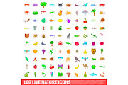 100 live nature icons set, cartoon