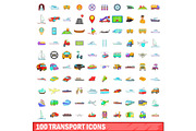 100 transport icons set, cartoon
