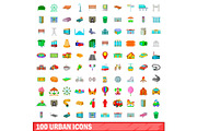 100 urban icons set, cartoon style