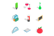 School tools icons, isometric 3d