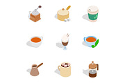 Tea and coffee icons, isometric 3d