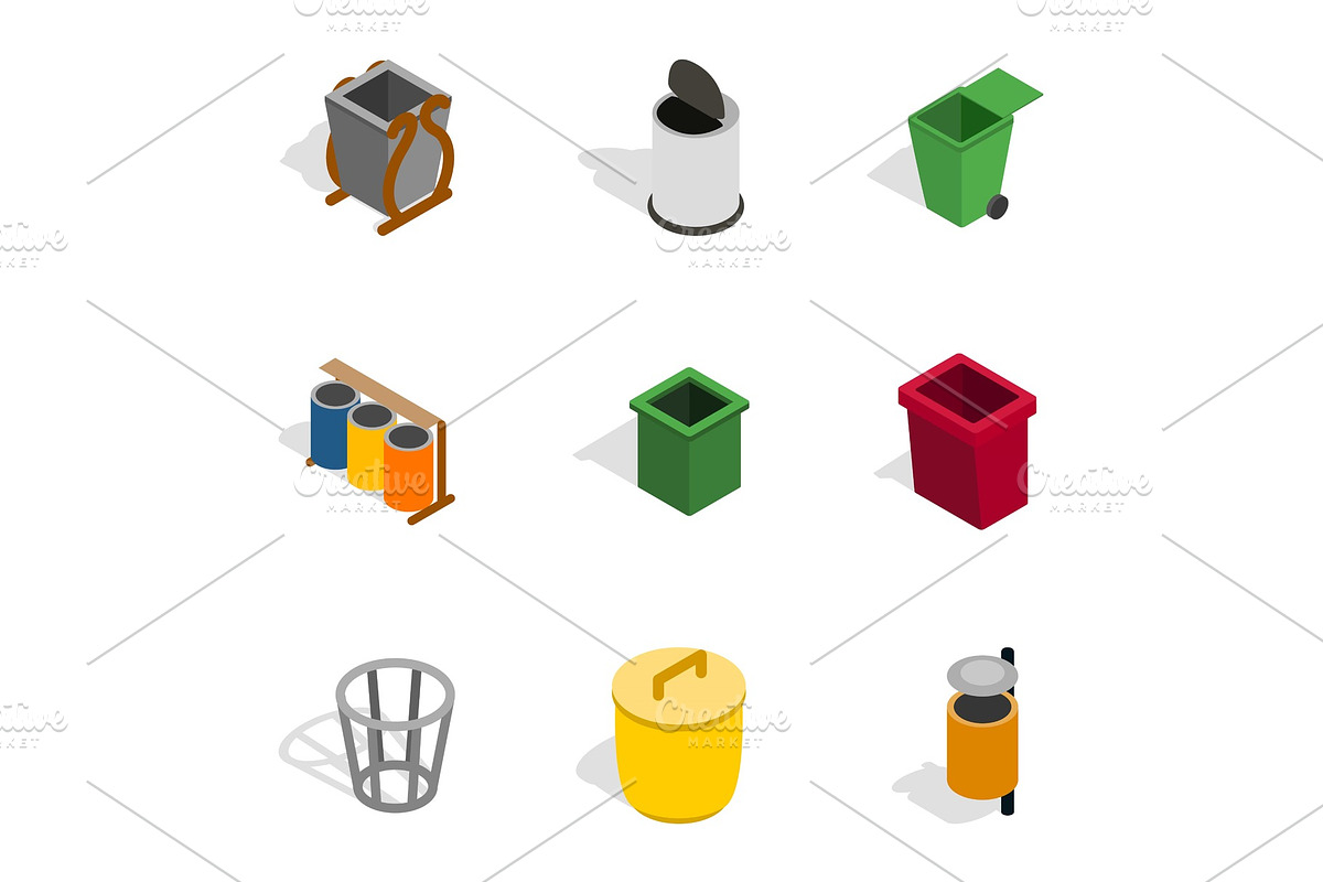 Trash can icons, isometric 3d style in Objects - product preview 8