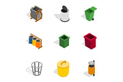 Trash can icons, isometric 3d style
