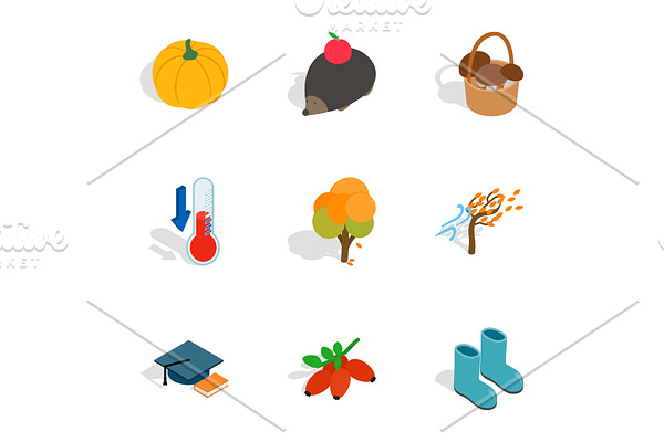 Symbols of autumn icons, isometric