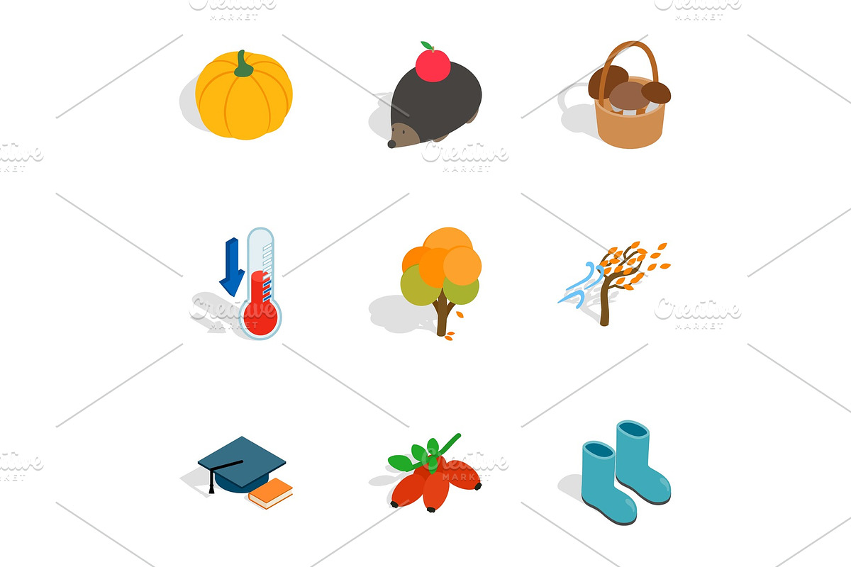 Symbols of autumn icons, isometric in Illustrations - product preview 8