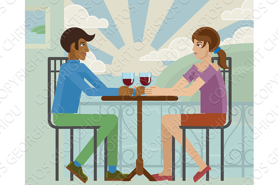 Young Couple Sea Side Restaurant in Illustrations - product preview 8
