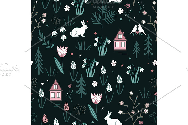 Spring forest seamless pattern with