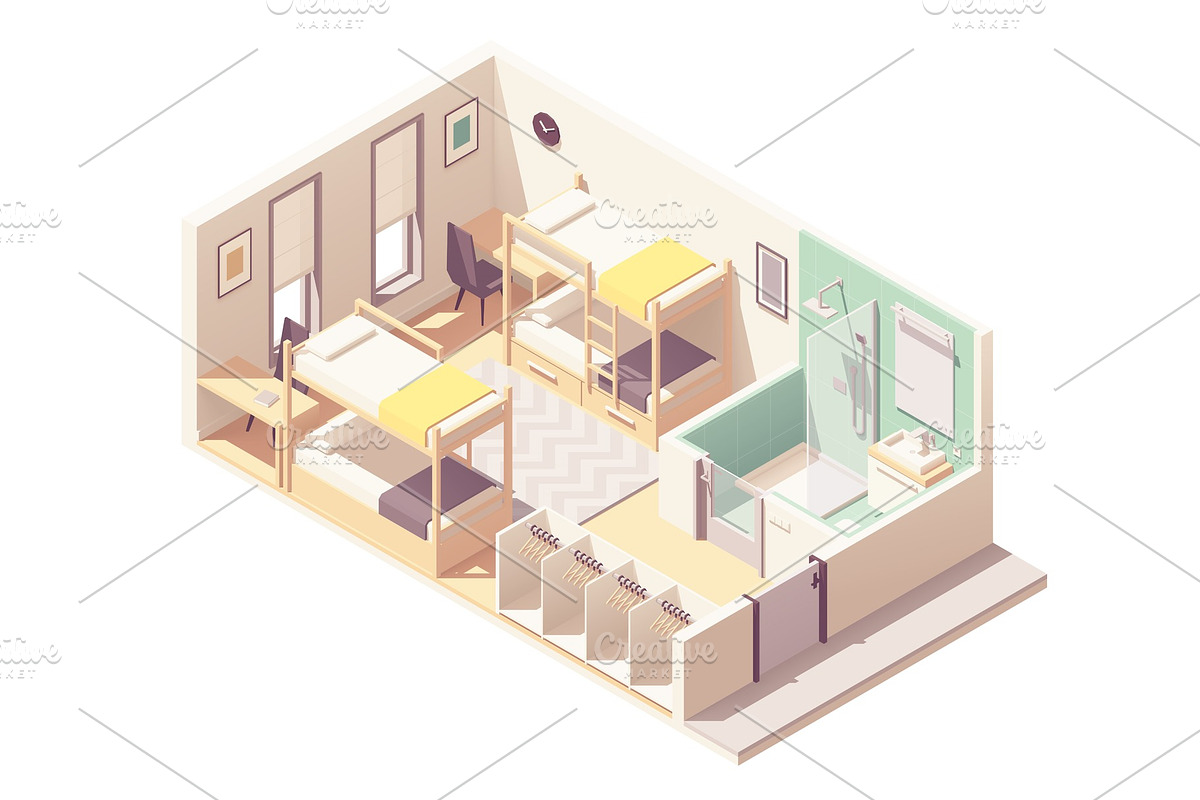 Vector isometric hostel room in Illustrations - product preview 8