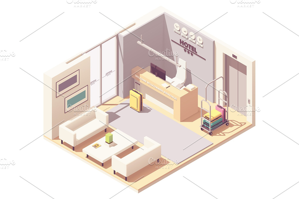 Vector isometric hotel reception in Illustrations - product preview 8