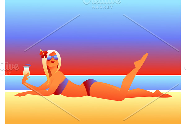 Girl sunbathes on beach.