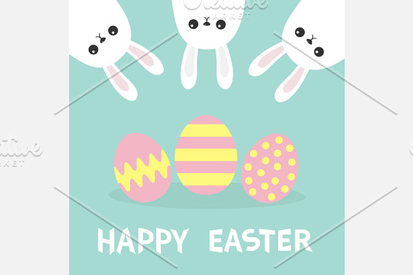 Happy Easter Three bunny rabbit Egg