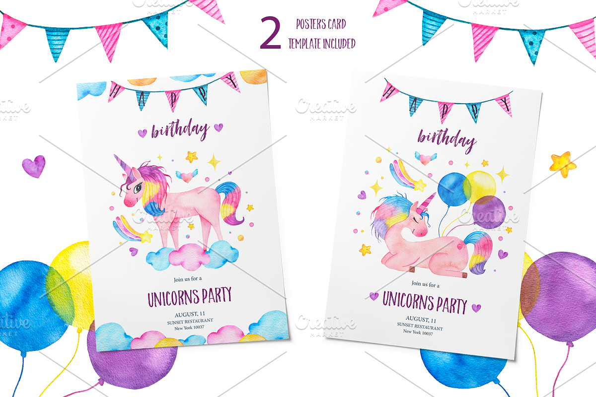 Cute watercolor unicorns collection in Illustrations - product preview 8