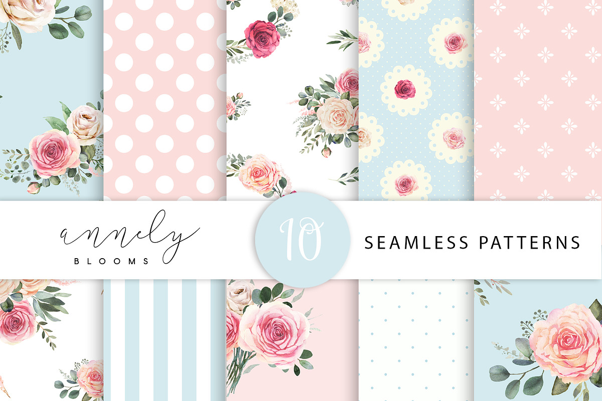 Watercolor patterns with roses in Patterns - product preview 8