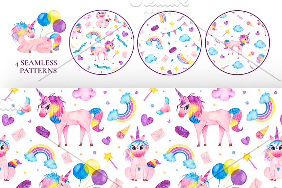 Cute watercolor unicorns collection in Illustrations - product preview 1