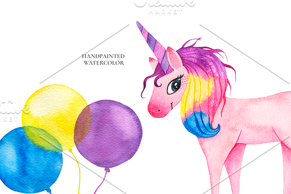 Cute watercolor unicorns collection in Illustrations - product preview 2