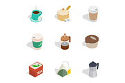 Hot drinks icons, isometric 3d style