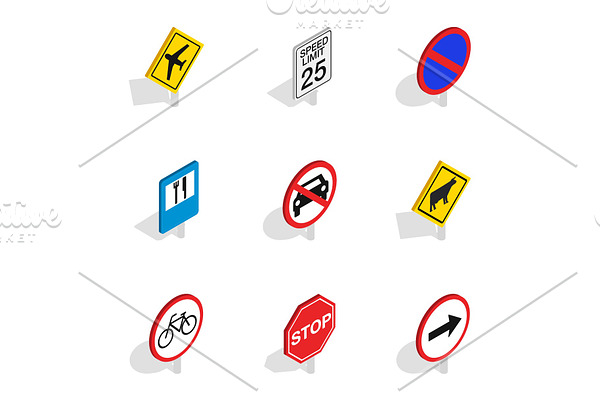 Traffic sign icons, isometric 3d