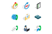 24 hours support icons, isometric 3d