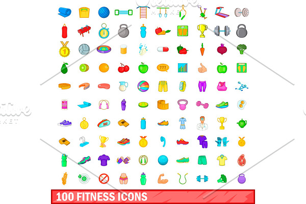 100 icons set, cartoon style