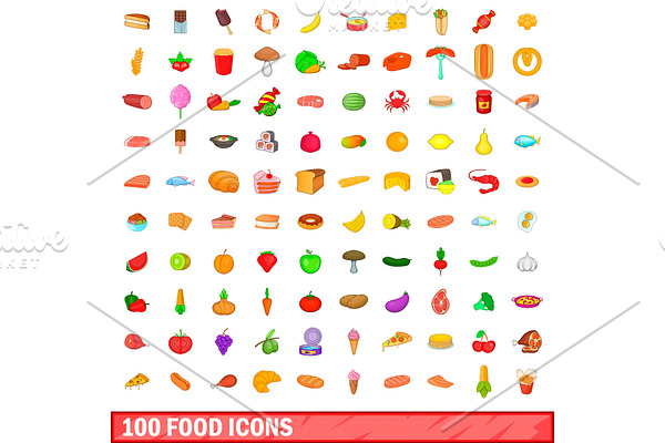 100 food icons set, cartoon style