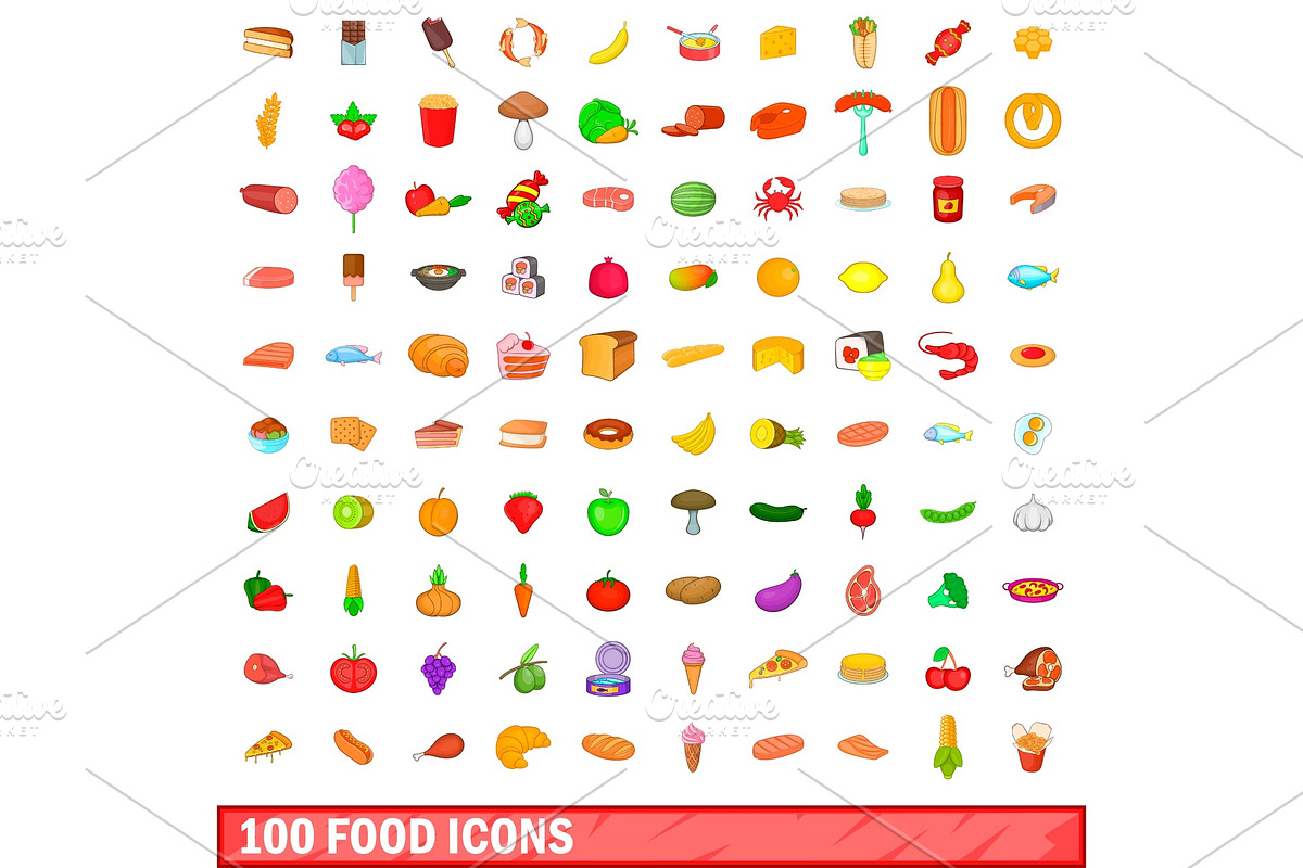 100 food icons set, cartoon style in Illustrations - product preview 8
