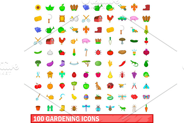100 gardening icons set, cartoon
