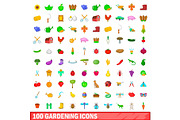 100 gardening icons set, cartoon