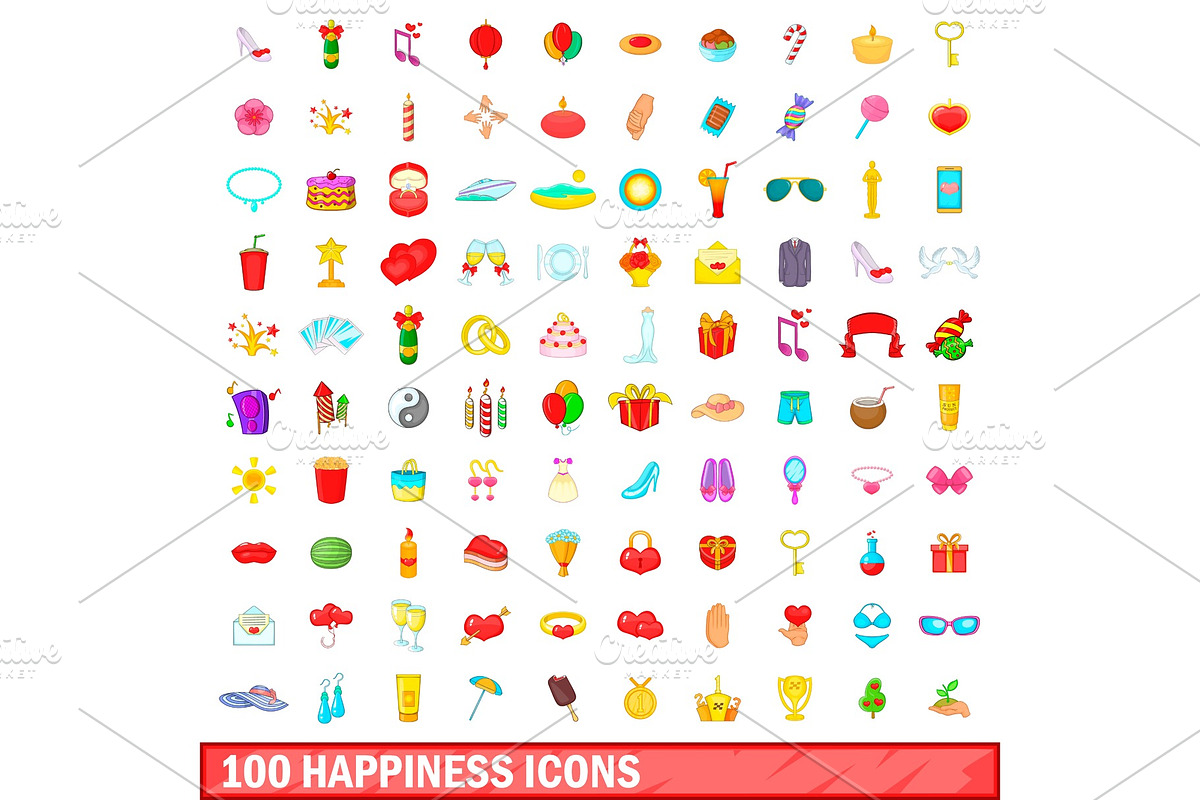 100 happiness icons set, cartoon in Illustrations - product preview 8