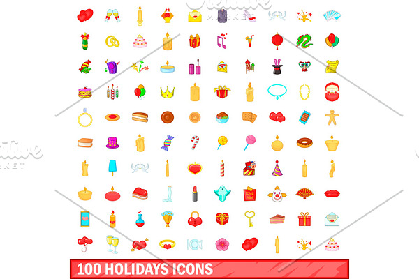 100 holidays icons set, cartoon