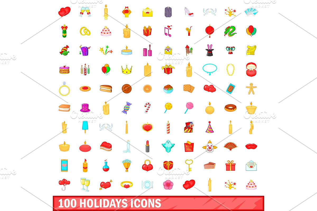 100 holidays icons set, cartoon in Objects - product preview 8