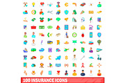 100 insurance icons set, cartoon