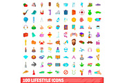 100 lifestyle icons set, cartoon