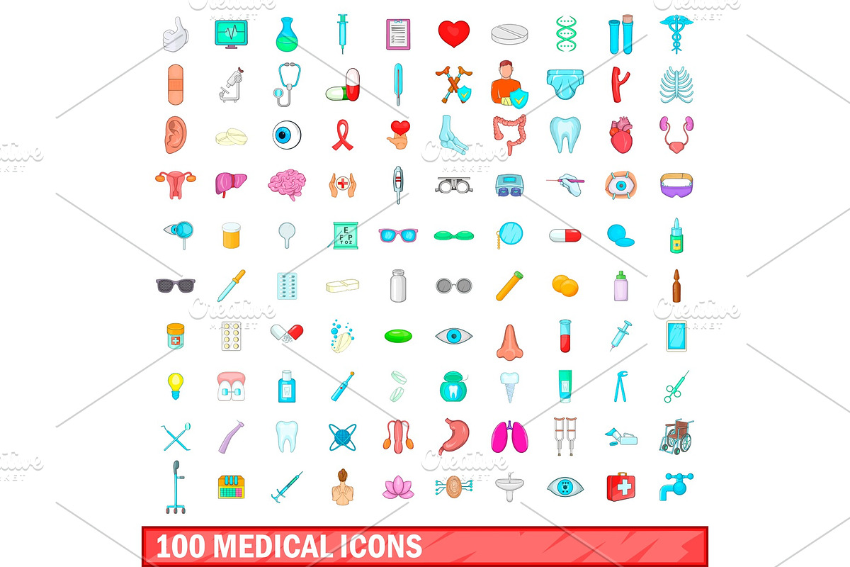 100 medical icons set, cartoon style in Objects - product preview 8