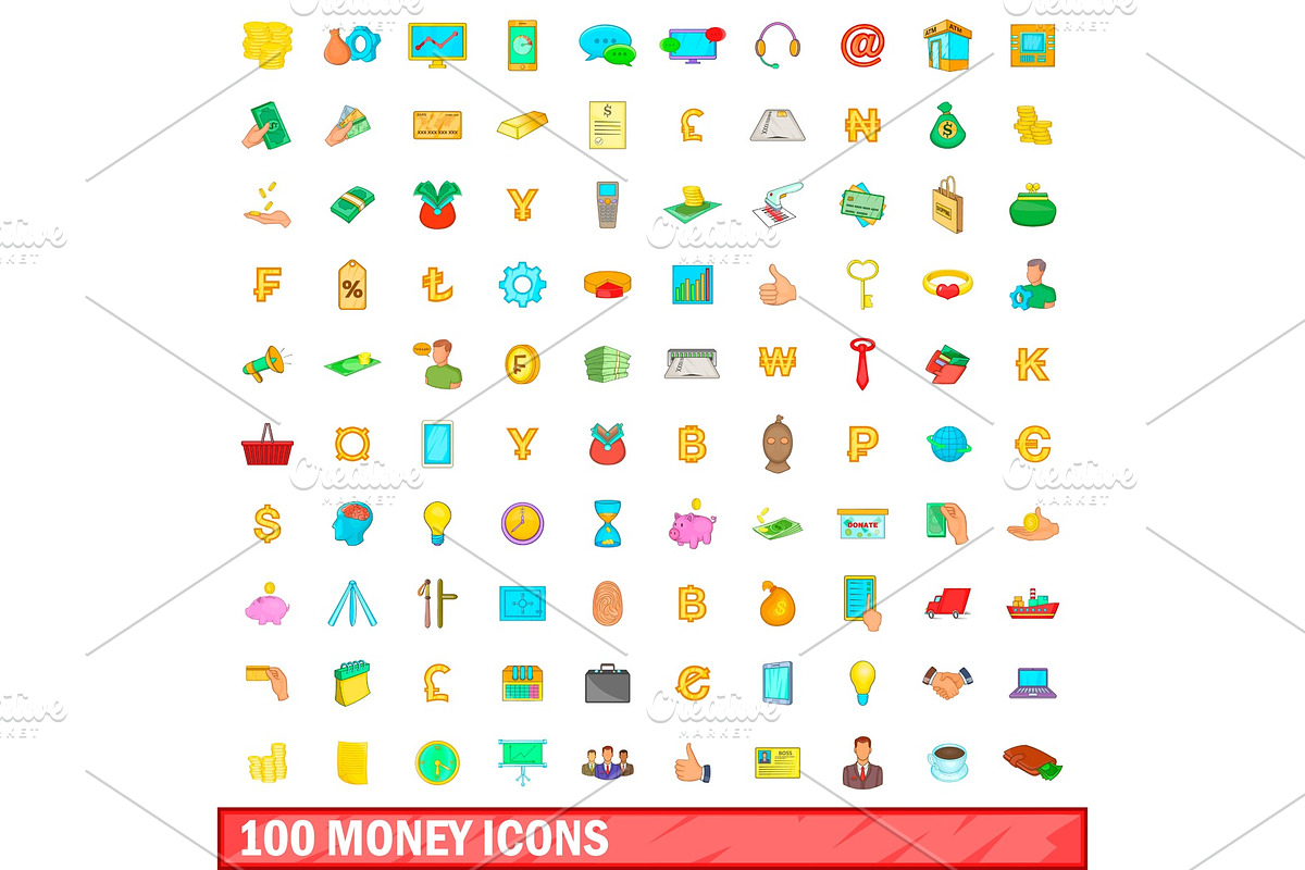 100 money icons set, cartoon style in Illustrations - product preview 8