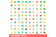 100 money icons set, cartoon style